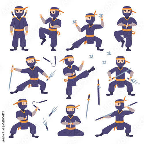 Ninja or Shinobi Character as Japanese Covert Agent or Mercenary in Shozoku Disguise Costume with Weaponry Vector Set