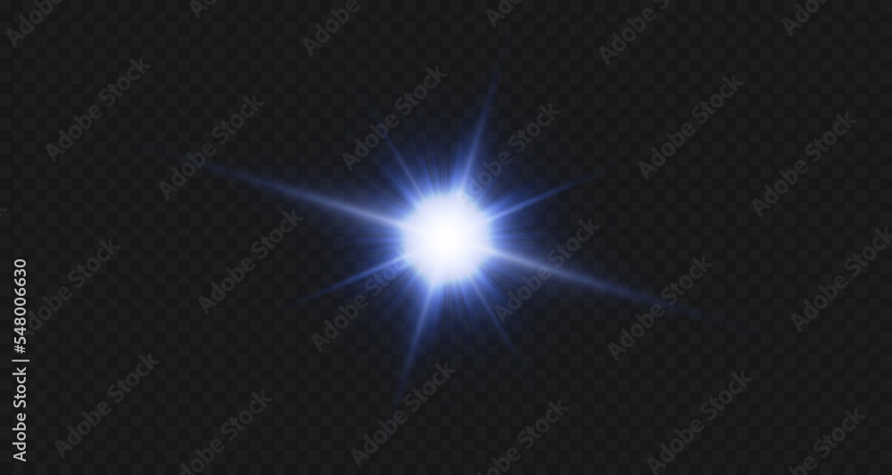 Blue star, bright particles, burning blue lights, stars, lasers, blue flash.