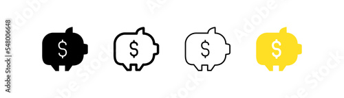 Piggy bank set icon. Credit card, debit, deposit, check, atm, receipt, power of attorney, contract, notary, bureaucracy. Money concept. Four vector icon in different styles on a white background