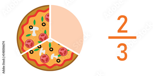 Two thirds pizza fractions. Fraction for kids. Pizza slices. Fraction fun with pizza. vector illustration isolated on white background.