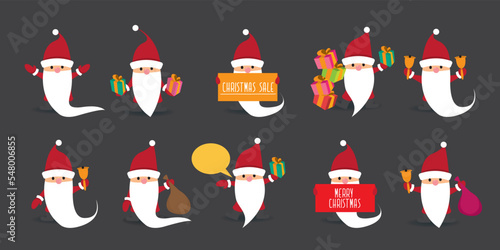 Vector christmas Santa Claus big set with santa holding gifts, secret santa , red hat , christmas tree, presents, sale banner and white beard isolated on grey background. Christmas design element