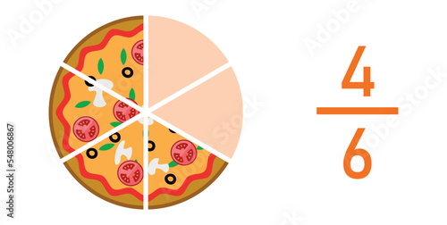 Four sixths pizza fractions. Fraction for kids. Pizza slices. Fraction fun with pizza. vector illustration isolated on white background.