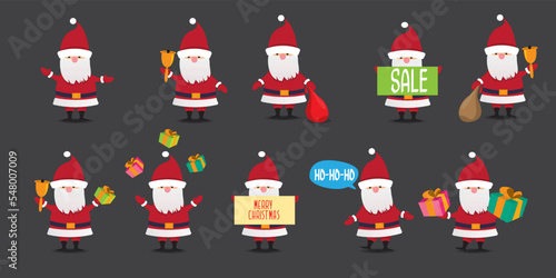 Vector christmas Santa Claus big set with santa holding gifts, secret santa , red hat , christmas tree, presents, sale banner and white beard isolated on grey background. Christmas design element