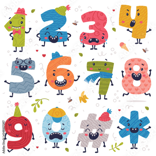 Set of cute colorful number characters with funny faces set. Comic childish bright colorful numerals, math symbols cartoon vector illustration