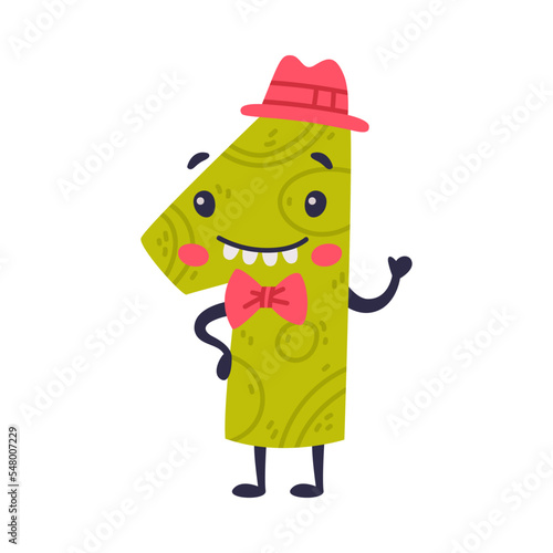 1 cute funny number character with funny face. One comic childish bright colorful numeral, math symbol cartoon vector illustration