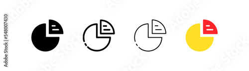 Pie chart for accounting report set icon. Dollar sign, percent, diagram, statistic, pay tax, income, spending. Finacial management concept. Four vector icon in different styles on a white background