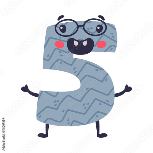 5 cute funny number character wearing glasses. Five comic childish bright colorful numeral, math symbol cartoon vector illustration