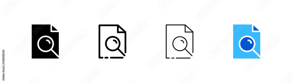 File with Magnifying glass set icon. Information search, text information, book, folders, file manager. Data set concept. Four vector icon in different styles on a white background File with Magnifying glass set icon. Information search, text information, book, folders, file manager. Data set concept. Four vector icon in different styles on a white background
