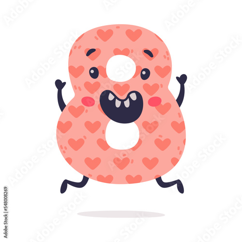 8 cute funny number character with smiling face. Eight comic childish bright colorful numeral, math symbol cartoon vector illustration
