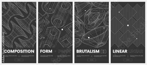 Collection vector posters with strange wireframes of geometric shapes modern design inspired by brutalism, 3d structure physical figures set 6