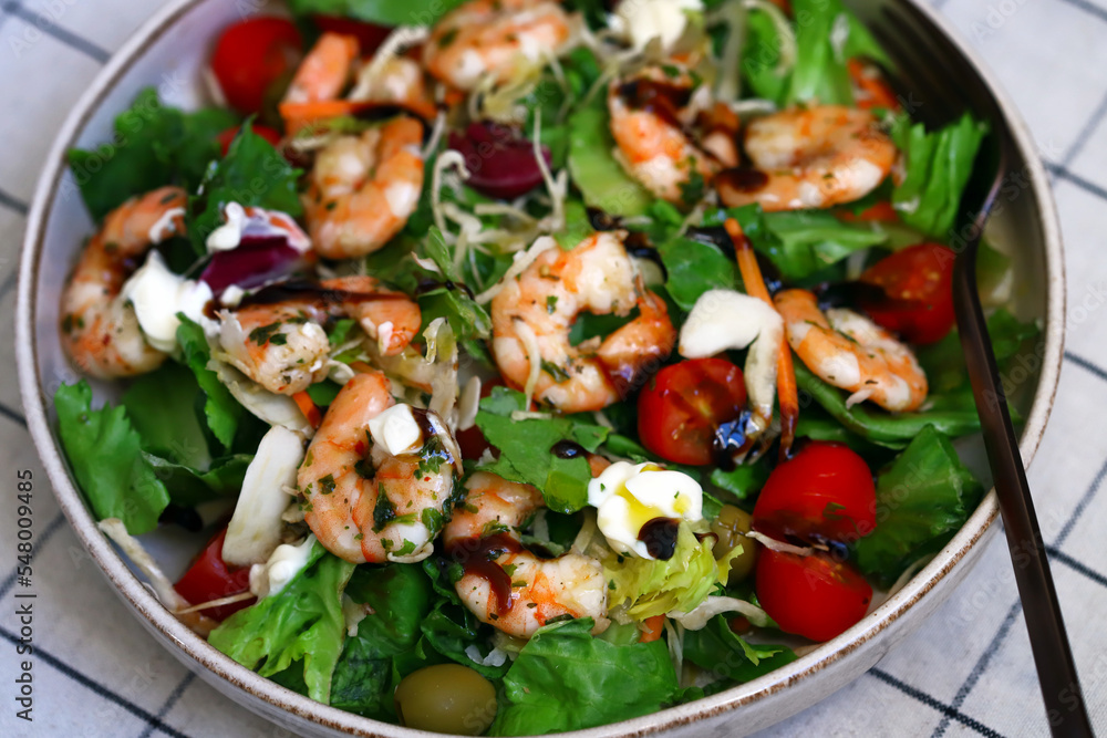Healthy juicy shrimp salad. Mediterranean Kitchen.