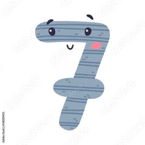 7 cute funny number character. Seven comic childish gray numeral, math symbol cartoon vector illustration