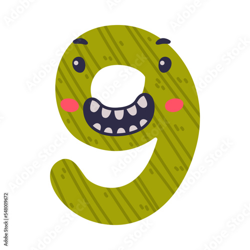 9 cute funny number character. Nine comic childish bright green numeral, math symbol cartoon vector illustration