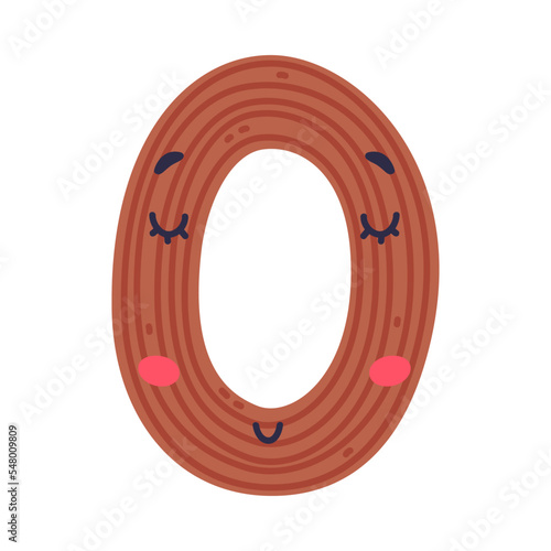 0 cute funny number character. Zero comic childish bright brown numeral, math symbol cartoon vector illustration