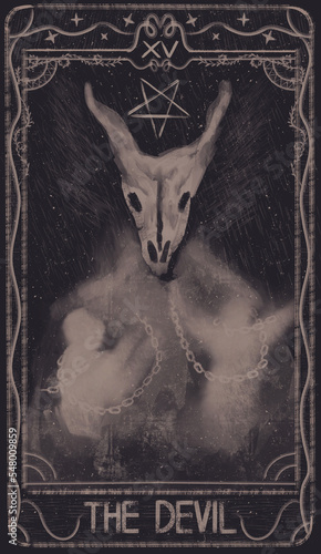 Tarot XV 15 card design the devil major arcana concept illustration Hand drawn gothic style placard poster print design souls darkness dark chain skull mystic art esoteric gothic occult halloween photo