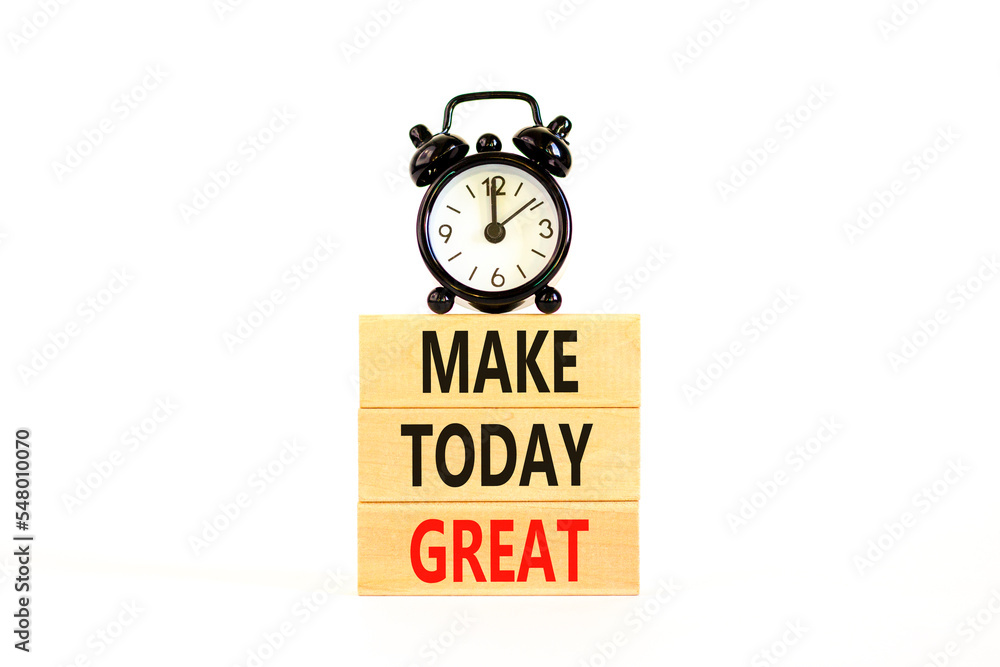 Motivation and Make today great symbol. Concept words Make today great on wooden blocks on a beautiful white table white background. Black alarm clock. Business make today great concept. Copy space. Motivation and Make today great symbol. Concept words Make today great on wooden blocks on a beautiful white table white background. Black alarm clock. Business make today great concept. Copy space.