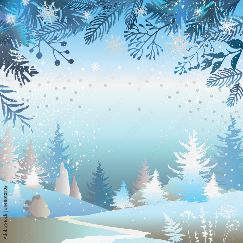 Winter holiday square blue background. Merry Christmas postcard template with winter forest and space for text.