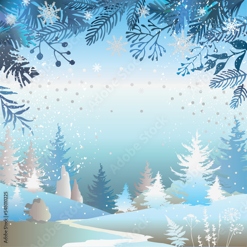 Winter holiday square blue background. Merry Christmas postcard template with winter forest and space for text. © VETOCHKA