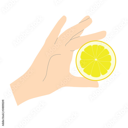 Female hand holding a lemon in a minimalistic style with lines to emphasize the shapes, vector isolated on white background.
