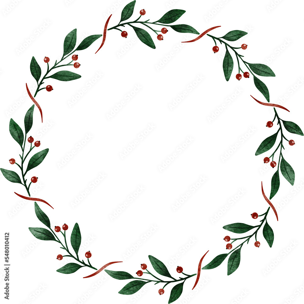 Obraz premium Watercolor Christmas wreath. Round Christmas frame for invitations, greeting cards, posters, web.