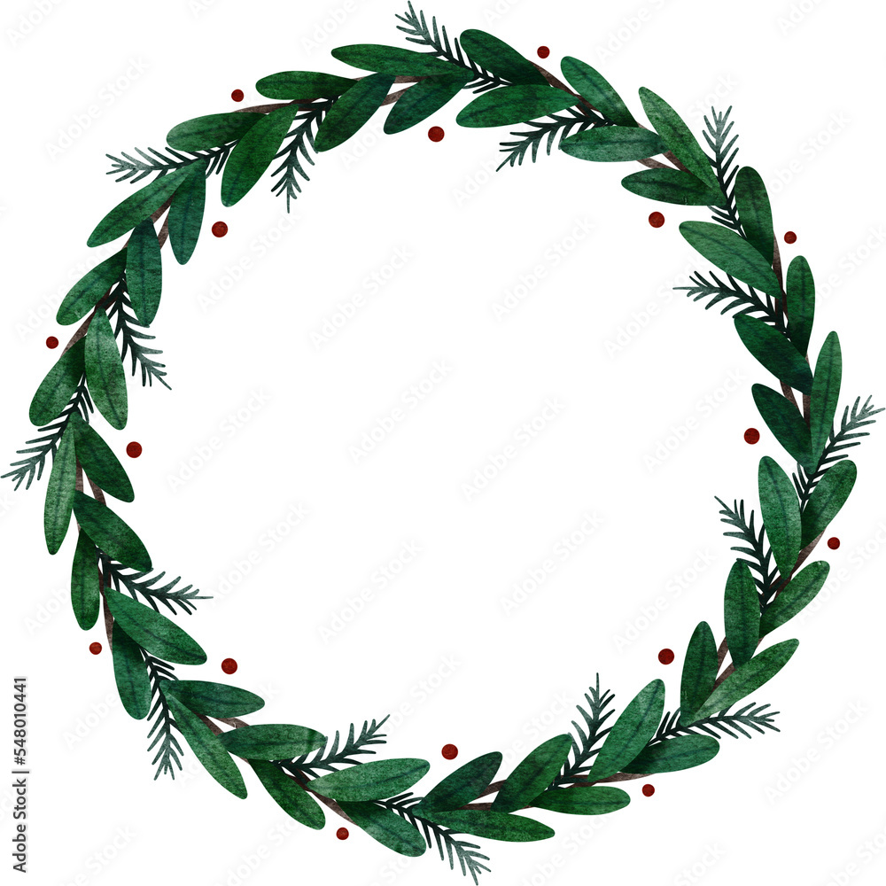Watercolor Christmas wreath. Round Christmas frame for invitations, greeting cards, posters, web.
