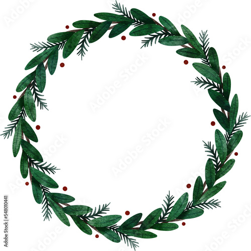 Watercolor Christmas wreath. Round Christmas frame for invitations  greeting cards  posters  web.