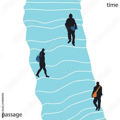 Illustration of an abstract road and people on it, the passage of time and active work as a lifestyle, vector isolated on light white background.