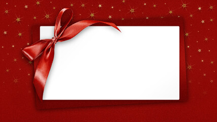 Christmas Blank gift greeting card ticket with shiny red ribbon bow, isolated on red background with sparkle stars, top view white copy space template for promotion shopping advertising banner