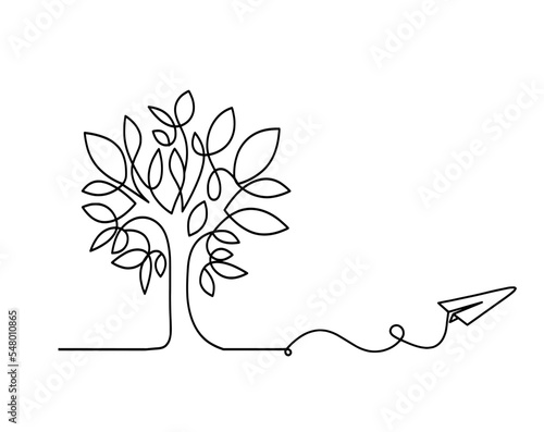 Abstract tree with paper plane as line drawing on the white background. Vector