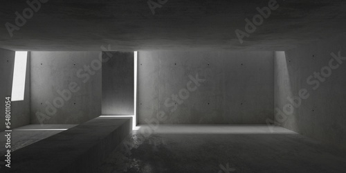 Abstract large, empty, modern concrete room, sunlight shadow from opening on the back wall, room divider and rough floor - industrial interior background template