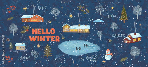 Vector greeting card with colorful illustration of nature winter landscape on the sunset with a house in the Scandinavian style. Use it as poster, postcard, brochure, card, banner, graphic design
