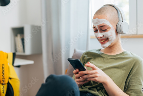 Young bald woman is having a relaxing day