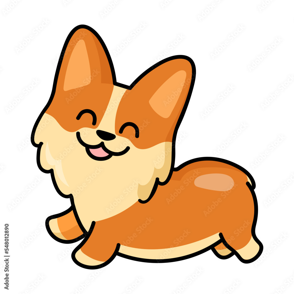 Cute Corgi joyfully runs and jumps puppy sticker. Flat vector illustration. Fox like dog cartoon character. Pet and mascot concept Cute Corgi joyfully runs and jumps puppy sticker. Flat vector illustration. Fox like dog cartoon character. Pet and mascot concept