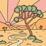 Joshua desert with trees landscape. America wild west nature dusty desert with arizona prairie, path and canyon rocks. Hand drawn linear vector illustration.