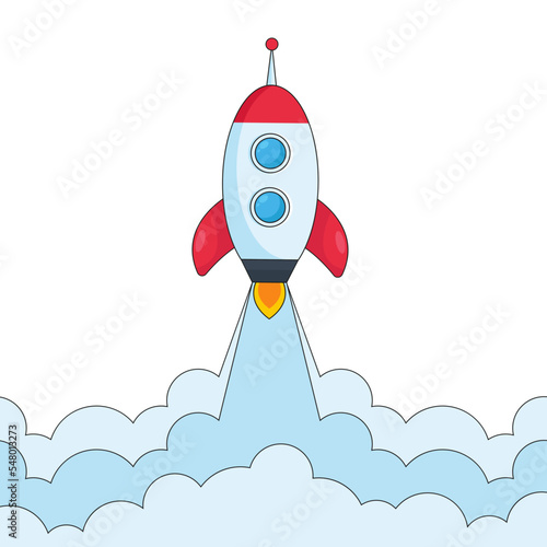 Comic rocket ship launching in air vector illustration. Spaceship flying up, cloud of smoke isolated on white background. Transportation, space, universe, start-up concept