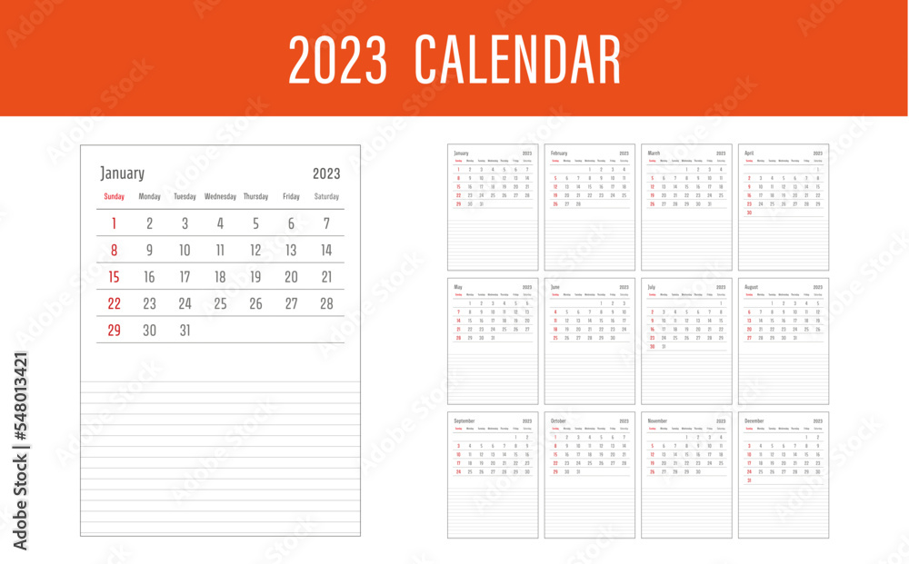 Kalendarz 2023 kalendarium nowy rok planner lata czas planować książka wydruk wektor styczeń luty marzec kwiecień maj czerwiec lipiec sierpień wrzesień listopad grudzień - obrazy, fototapety, plakaty 