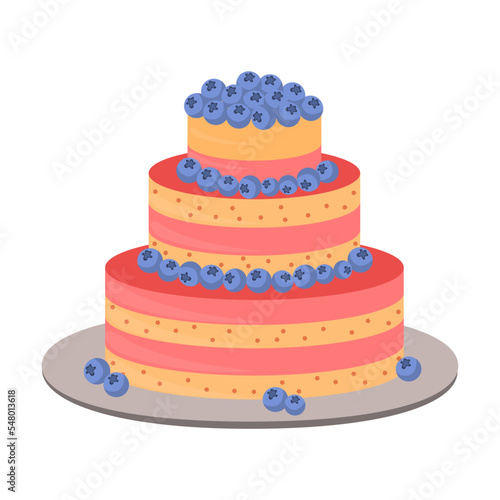 Birthday cake. Design of cake with decor, icing, berries isolated on white background. Pastry, party, bakery concept © Bro Vector