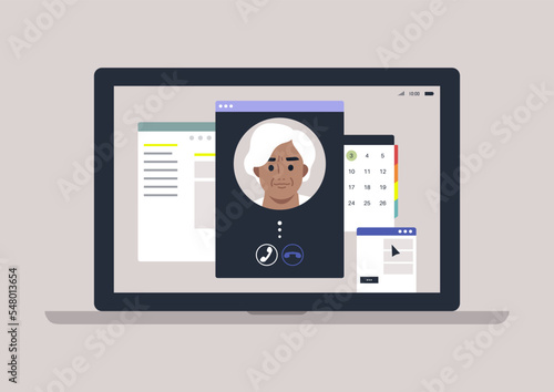 A video call from older parent or supervisor, a laptop screen with program windows overlapping