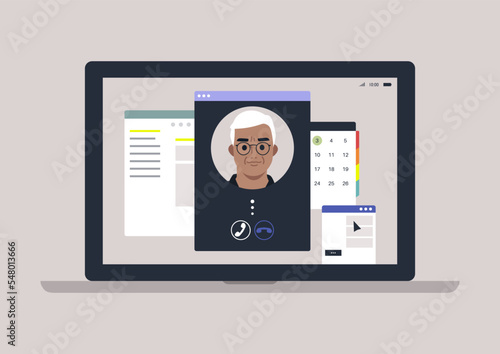 A video call from older parent or supervisor, a laptop screen with program windows overlapping