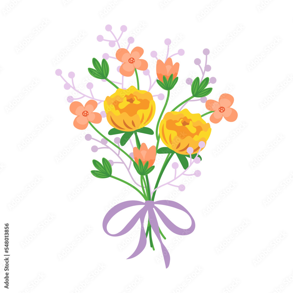 Bouquet of flowers. Illustration of summer floral collection with blossoms and greenery. Cartoon bunch of plants with bow isolated on white. Romantic gift