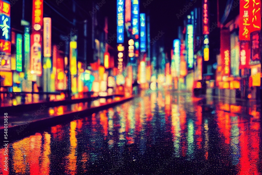 Wet Tokyo streets at night with colorful neon lights, blurred background