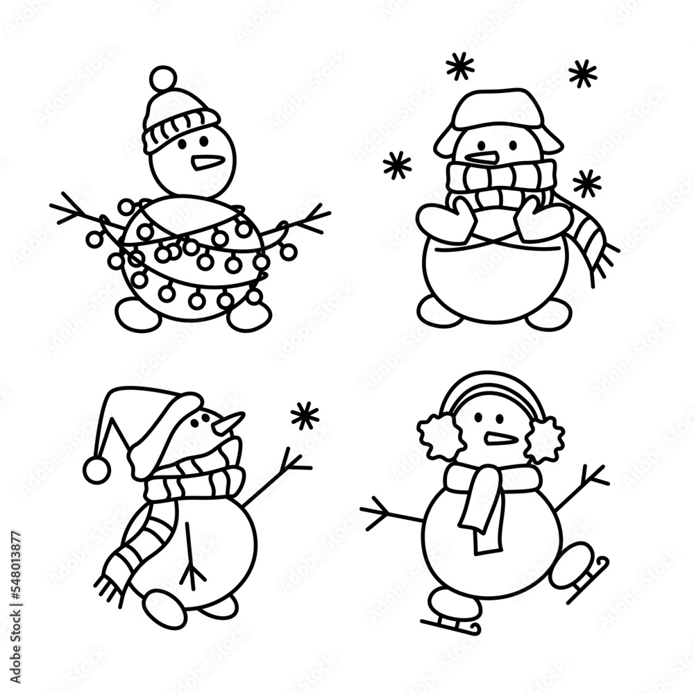 Set of cute funny snowman in doodle style. Snowmen in a hat, with a garland, snowflakes and skates. Set of cute funny snowman in doodle style. Snowmen in a hat, with a garland, snowflakes and skates.