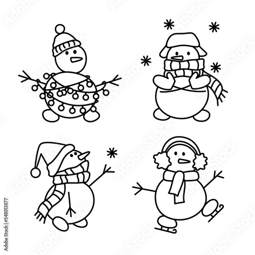 Set of cute funny snowman in doodle style. Snowmen in a hat  with a garland  snowflakes and skates.