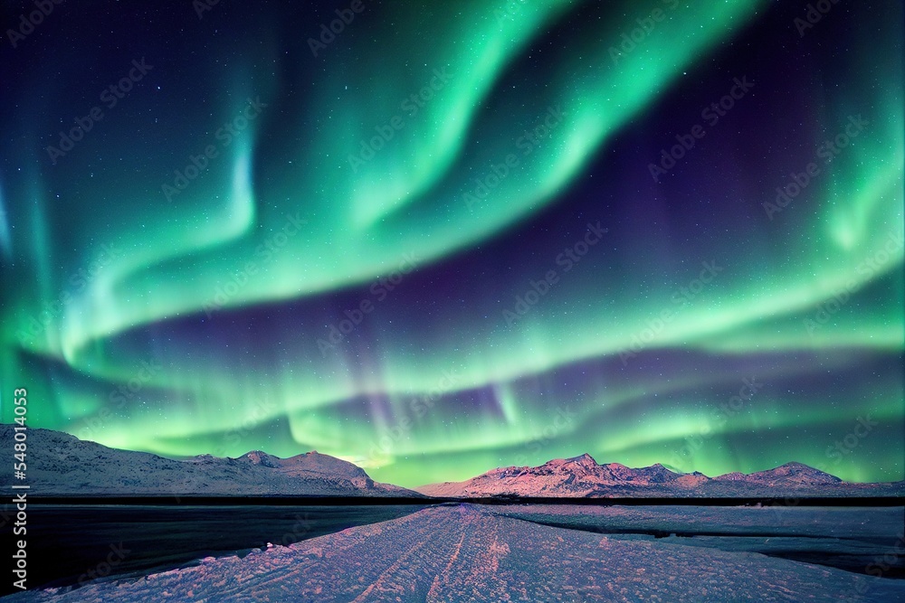 green aurora borealis, polar lights over ice and snow landscape