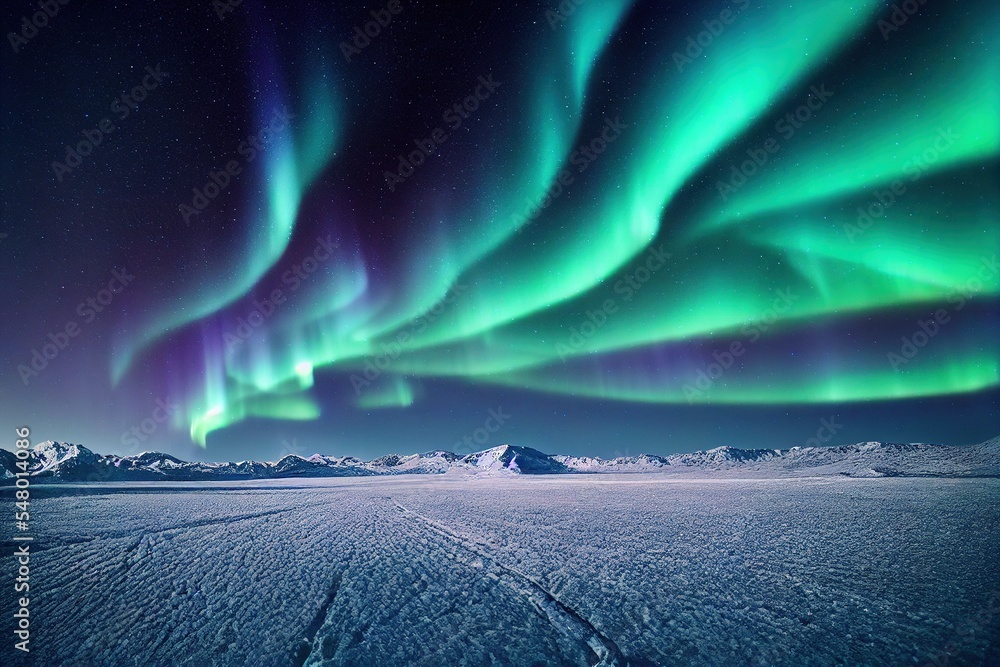 green aurora borealis, polar lights over ice and snow landscape, generative ai - obrazy, fototapety, plakaty 