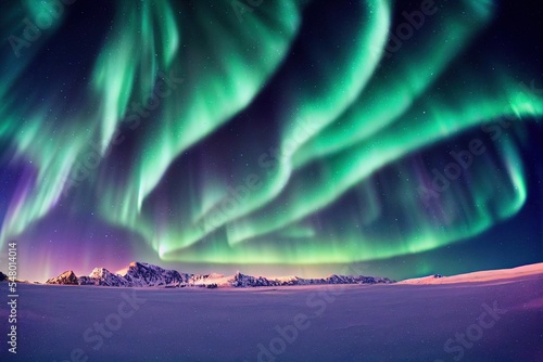 green aurora borealis, polar lights over ice and snow landscape, generative ai