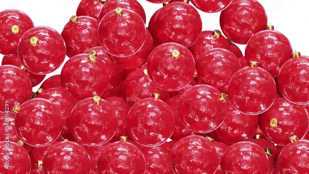 Realistic 3D animation of the frosted red glass Christmas baubles falling from the top filling up the screen rendered in UHD with alpha matte Realistic 3D animation of the frosted red glass Christmas baubles falling from the top filling up the screen rendered in UHD with alpha matte