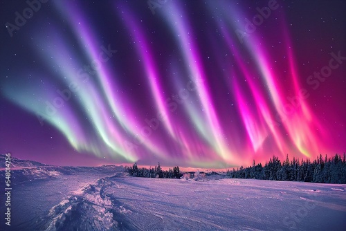 pink blue white aurora borealis, polar lights over ice and snow landscape, generative ai
