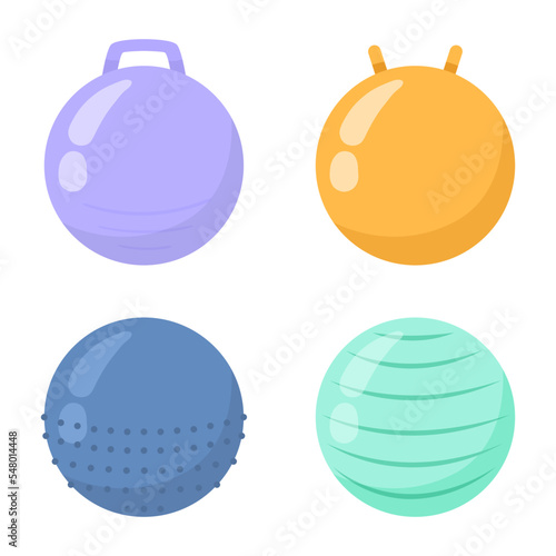 Colorful stability or exercise balls vector illustrations set. Equipment for working out or exercising isolated on white background. Sports, healthy lifestyle, fitness concept