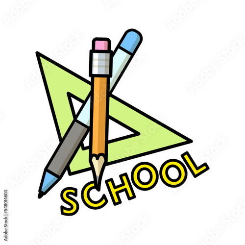 ballpoint pen pencil and triangle for geometry with the inscription school. School supplier sticker for t shirt design. Flat vector illustration for student learning